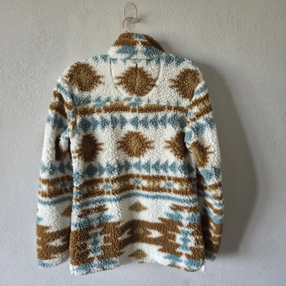 Cozy Sherpa Sweater - White Brown, Blue - Picture 2 of 5